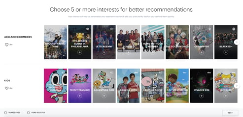 user onboarding examples: hulu movie and show interest selection page