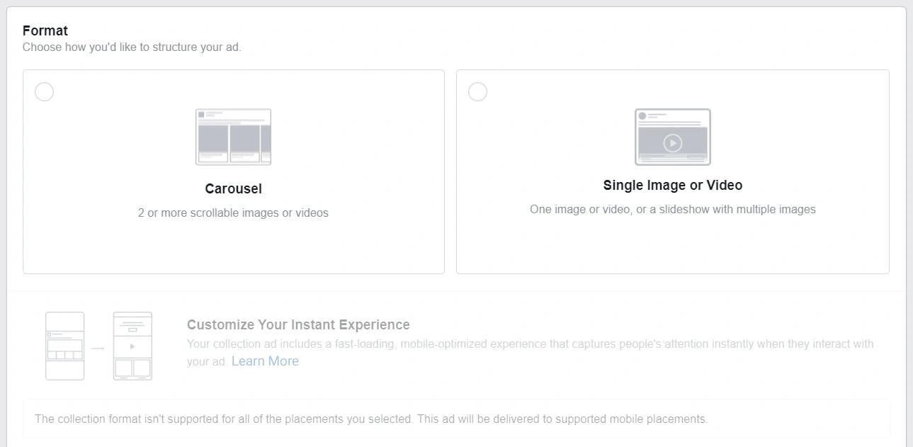 Choose Single Image or Video, or Carousel, for your Instagram Story ad.