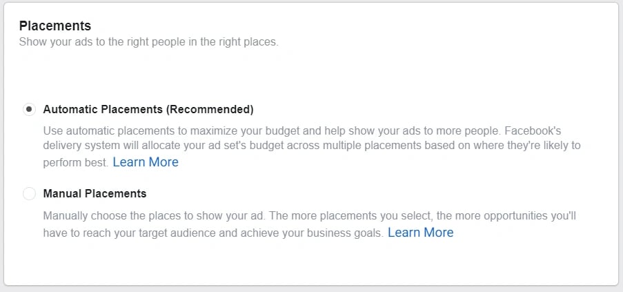 Choose whether you want to manually place your Instagram Story ads in front of audiences, or automatic placement.