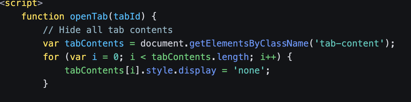 JS code for HTML tabs