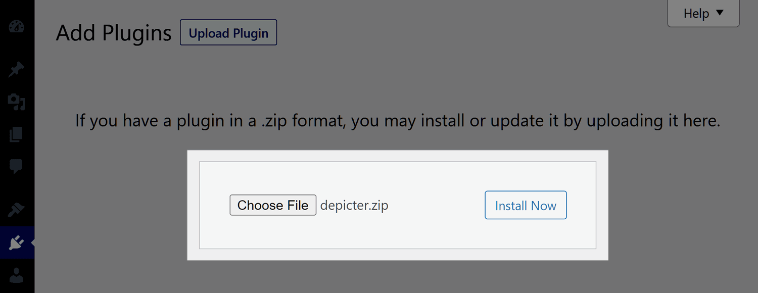 WordPress dashboard with Choose File button for uploading Depicter plugin