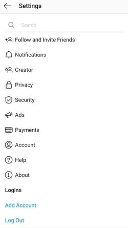 Instagram Settings Menu