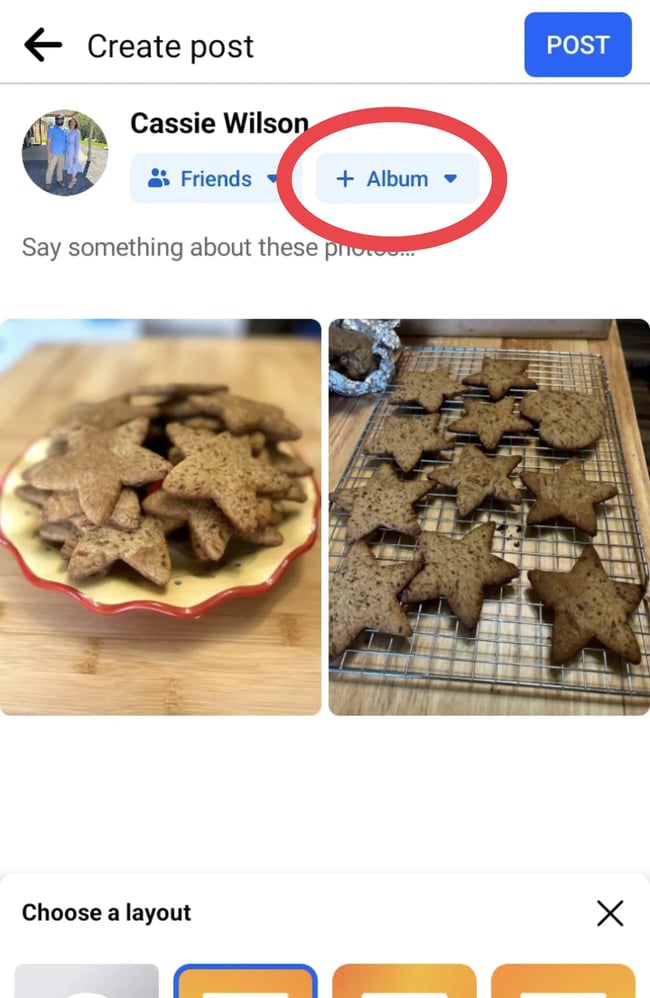 How to post photos on Facebook, tap plus album to add a new new album.