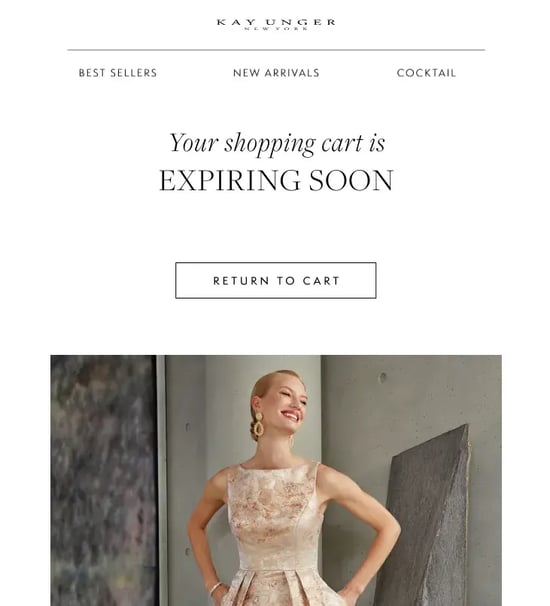 The last email in Kay Unger’s cart abandonment drip notifies customers about cart expiration.