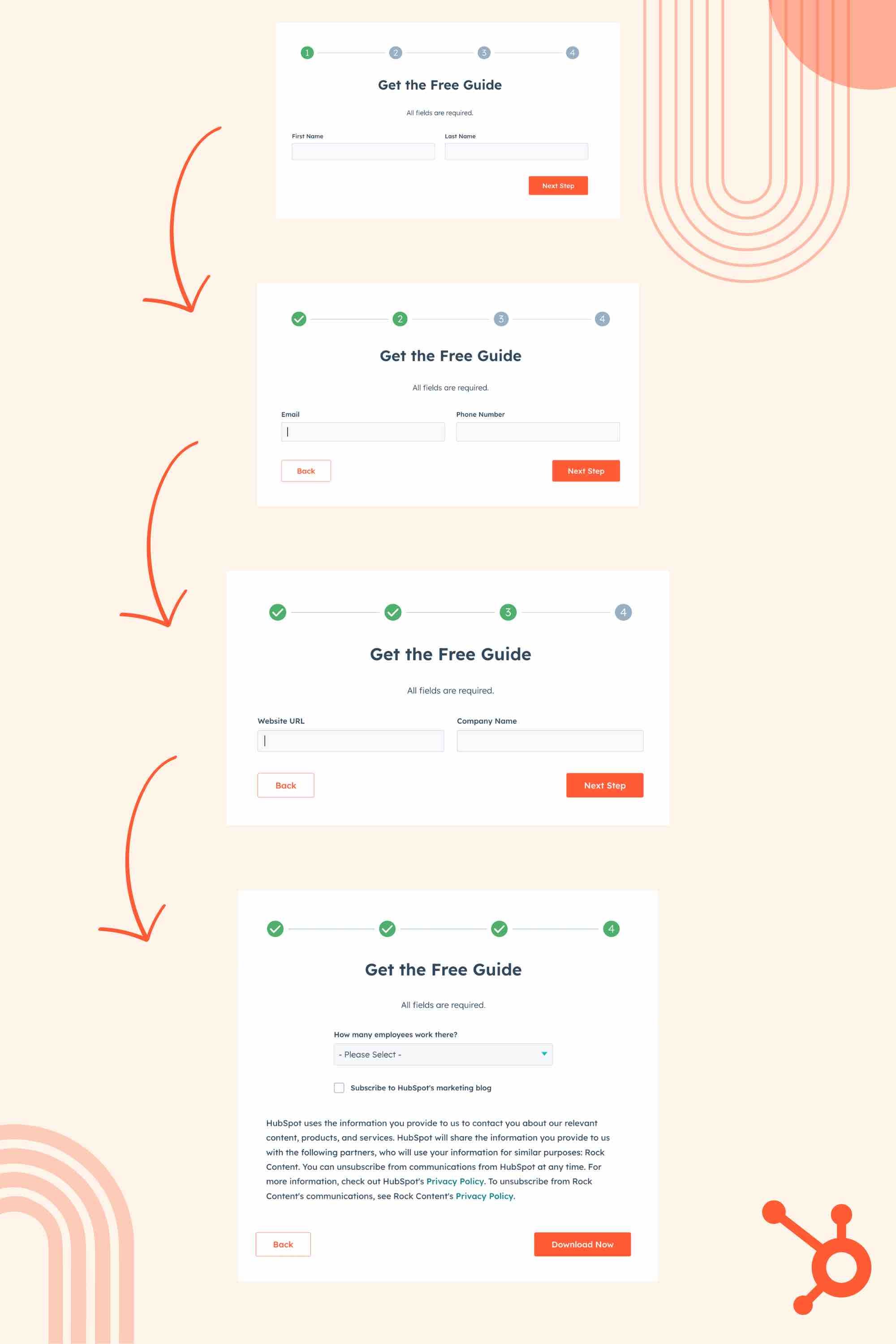 lead-capture form in steps