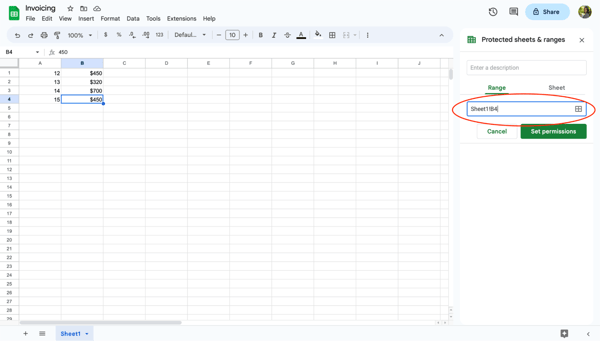 Google sheets protected cells, step 5: choose which cells or sheet to add an edit warning.