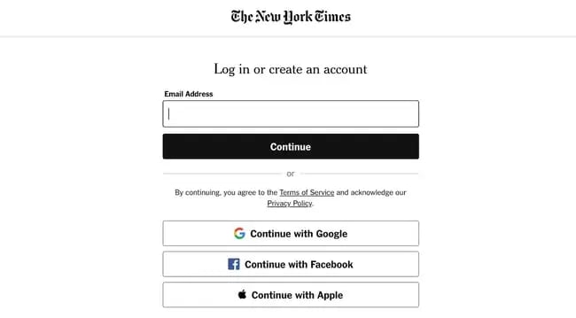 login screen example: new york times