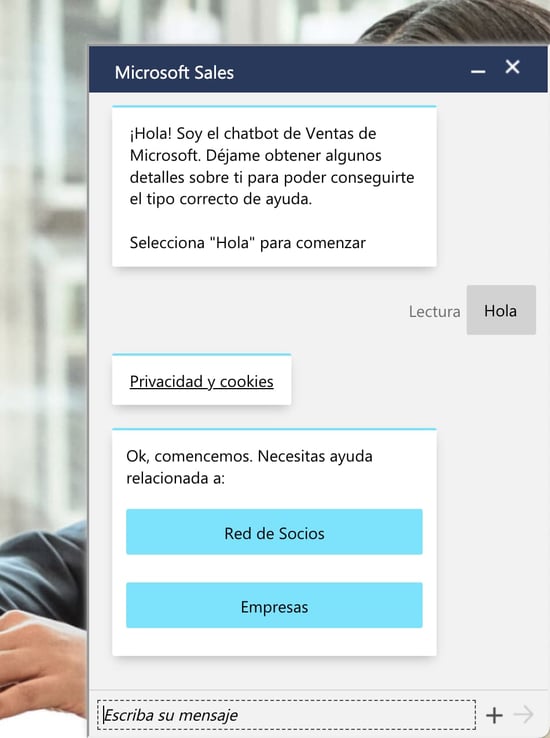 Ejemplo de qué es un chatbot en el sitio de Microsoft