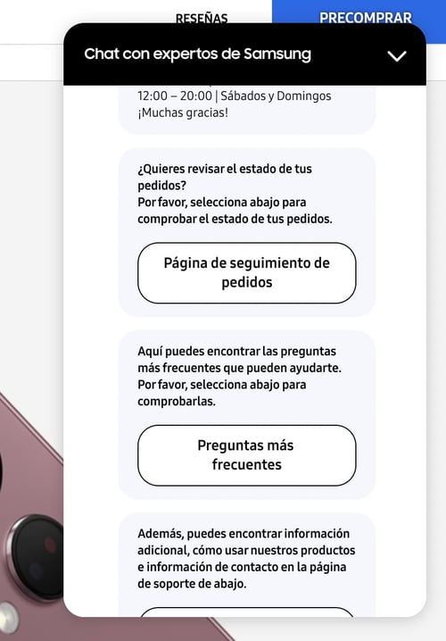 Ejemplo de qué es un chatbot en el sitio de Samsung