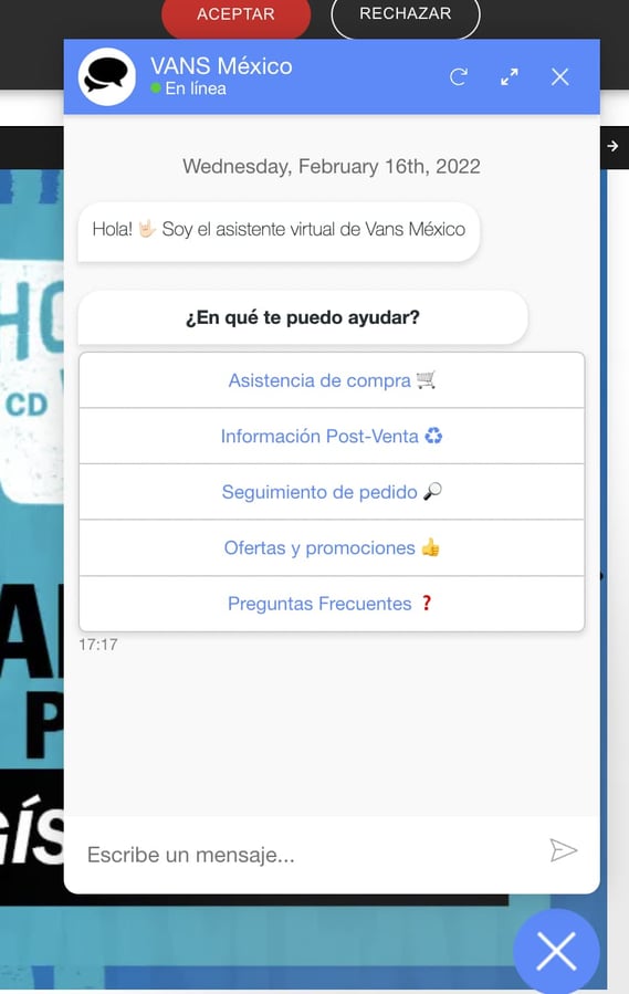 Ejemplo de qué es un chatbot en el sitio de Vans