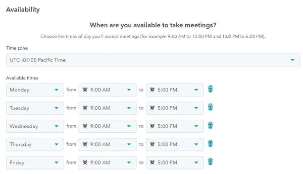 screenshot of designating meeting availability in hubspot