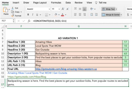 an example of merge across in excel