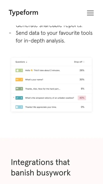 mobile website design: typeform product description page