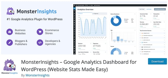 product page for the wordpress analytics plugin monster insights