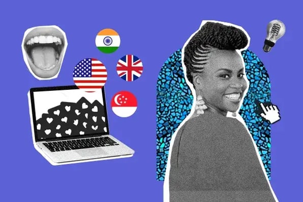 Multilingual content strategy graphic with flag icons, a mouth speaking, a laptop, and creator Sonia Thompson