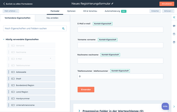 HubSpot-Benutzeroberfläche mit einfachen Formularen zur Erfassung von Leads von Ihrer Website