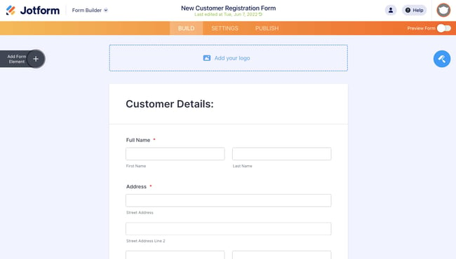 One new customer form template: JotForm