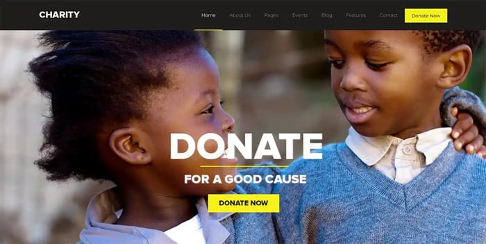 Charity WordPress theme for nonprofit organizations featuring two children and the word donate in bold letters across the screen