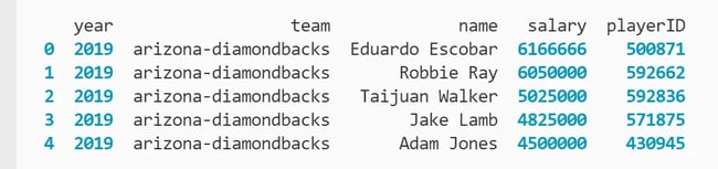 Five rows by five columns showing year, team name, player name, salary, and player ID for MLB players printed to the terminal