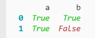 DataFrame of boolean values corresponding to column names and row indexes of original DataFrame printed to the terminal