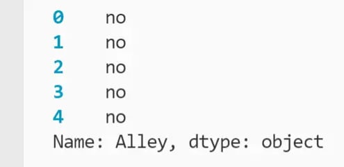 Five rows showing "no" printed to the terminal