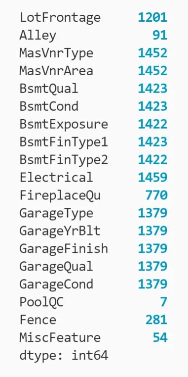 Series of column names as index with their values all less than 1,460 printed to the terminal