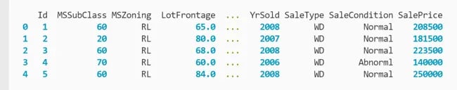 DataFrame preview showing five rows of data around property lots such as condition at time of sale, year sold, and sale price printed to the terminal