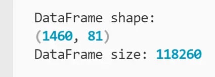 DataFrame shape showing 1,460 rows and 81 columns and DataFrame size showing 118,260 cells printed to the terminal