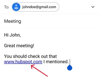 Screenshot of an email draft with an arrow pointing to a live link.