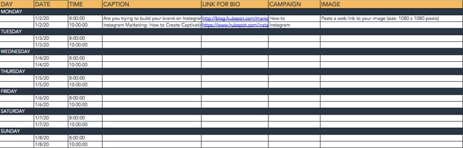 Social media spreadsheet example