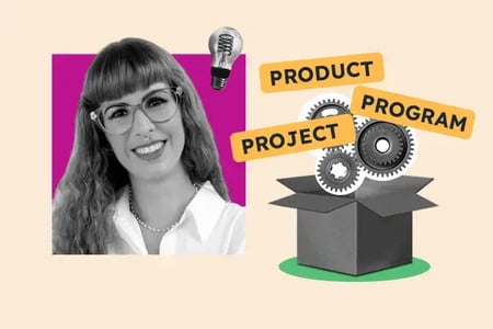 Product Management vs. Program Management vs. Project Management graphic with gears for process and a picture of creator Thaisa Fernandes