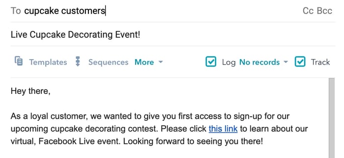 An email to Caroline's cupcake customers, broadcasting an upcoming cupcake decorating content with a link to the Facebook event