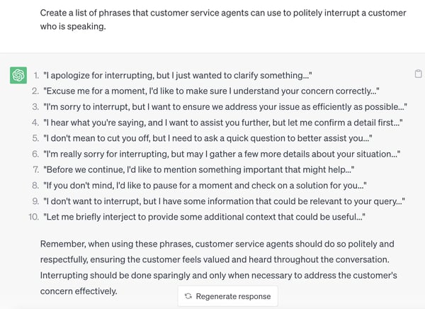 customer service use cases for ChatGPT; creating a list of phrases customer service can use to politely interrupt the customer