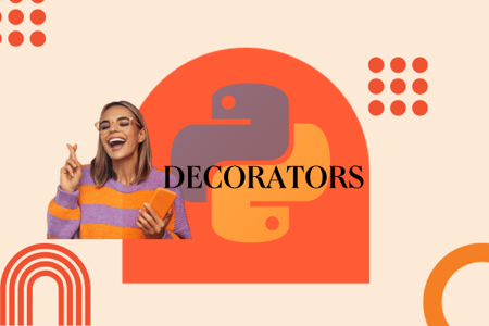 decorators in python: woman next to the word decorators and python logo