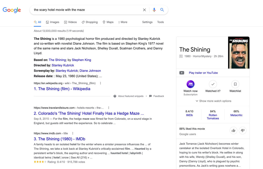 an example of rankbrain delivering relevant search results for the search term 'the scary hotel movie with the maze' (the shining)