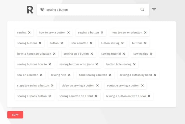 rapidtags youtube tag generator results for "sewing a button"