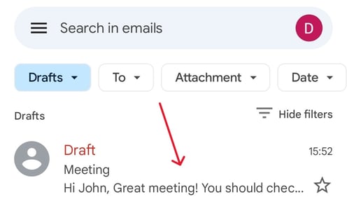 Screenshot showing a “Draft” folder with an arrow pointing to a draft email. 