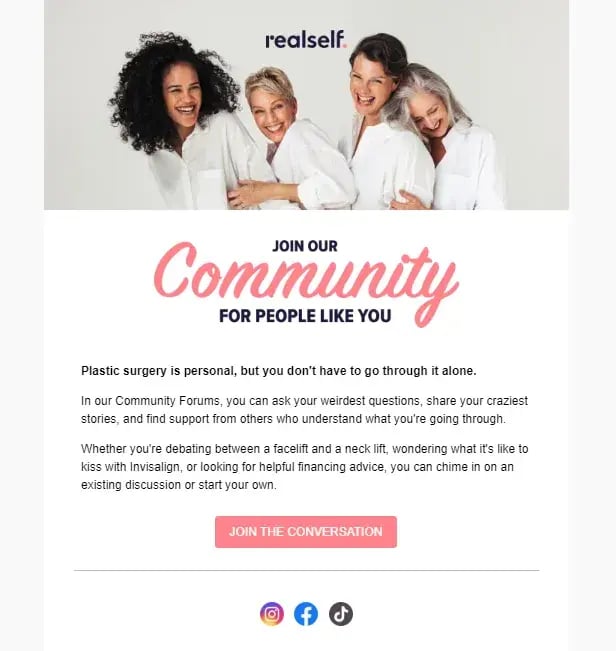 RealSelf’s lead-nurturing campaign attracts new members to its community.