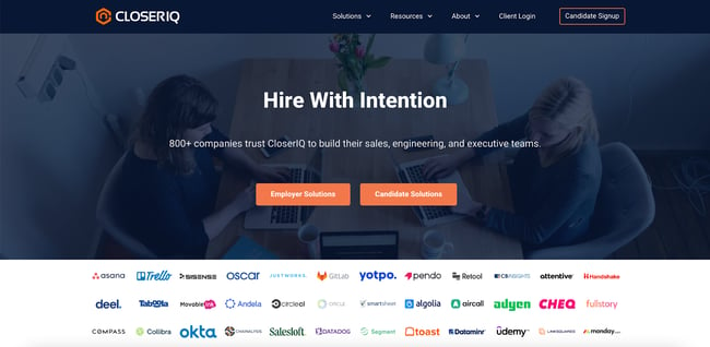 The website homepage for CloserIQ, a recruitment agency.