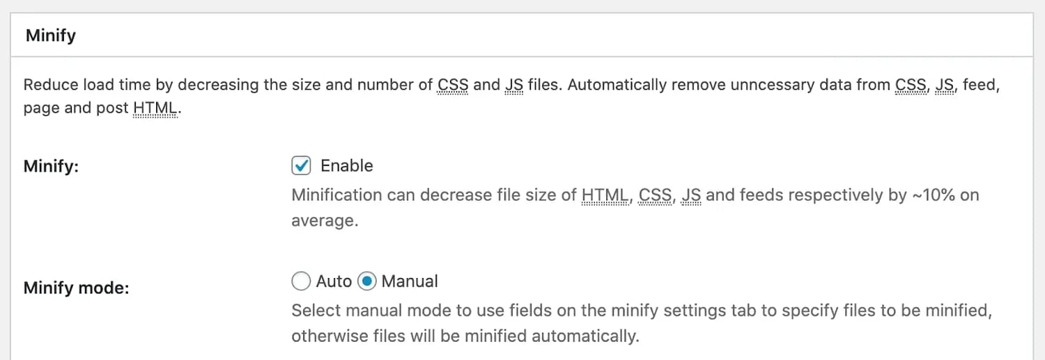 the minify options section in the W3 Total Cache plugin 