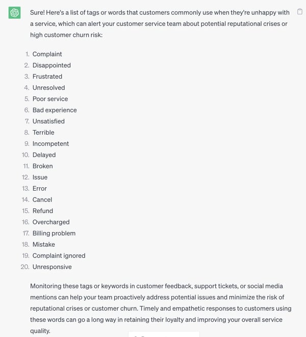 Customer Service Use Cases for ChatGPT; creating a list of tags for reputational damage/customer churn risk