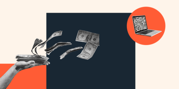 Restaurant website templates: hands with dollar bills are on the left side of the screen and there's a laptop with wheels on it to the right 