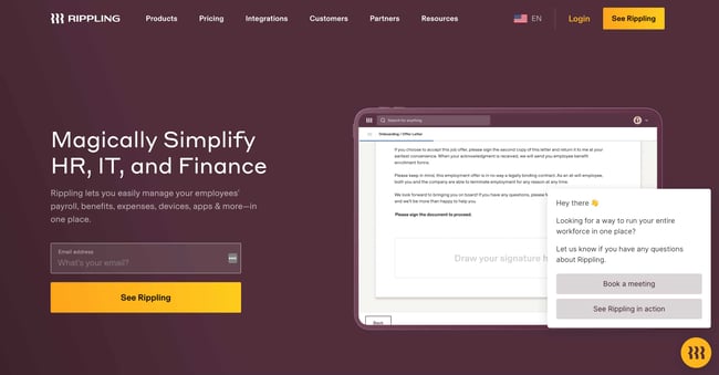 saas website design: rippling homepage 