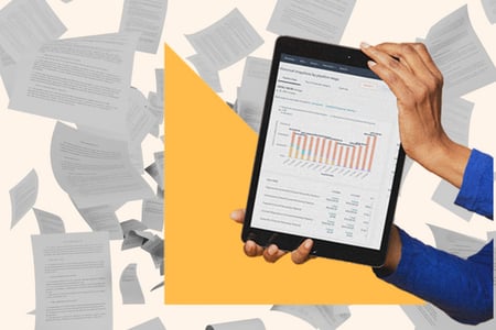 graph about preventing sales churn over a background of falling papers