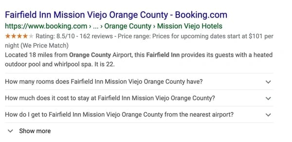 Fairfield Inn schema markup data on Google.