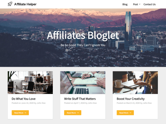 Affiliates Bloglet theme demo featuring three blog posts with affiliate links