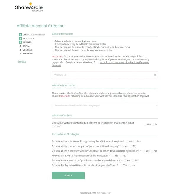 shareasale: step shows the account creation and where you share information about your website. 