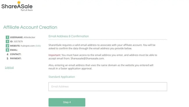 shareasale: account creation next step 