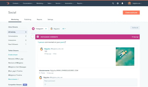 social media analytics software: HubSpot social inbox