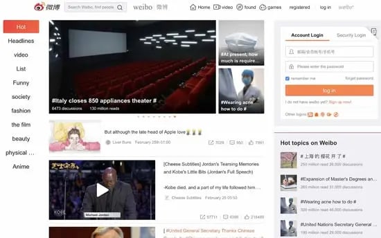 International social media platforms, Weibo desktop site.